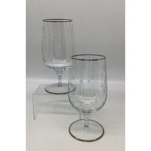 Set Of 2 Etched Silver Rimmed Glass Goblets Water, Tea, Wine, Beer